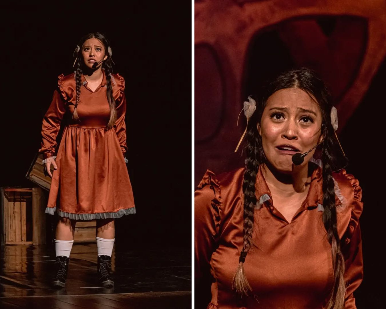 Raquel Martins caracterizada como a personagem Martha, com expressão dramática.