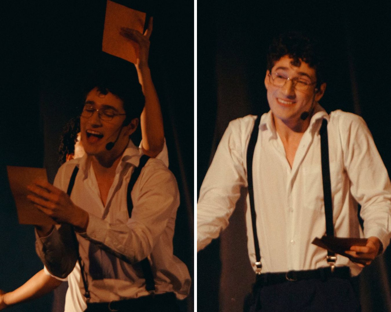 Matheus Sarandy caracterizado como Otto, cantando em um palco iluminado.