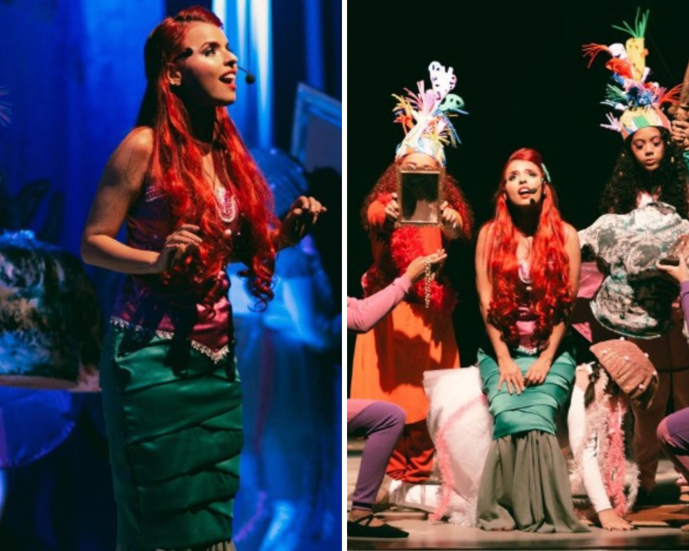 Fany Gomes como Ariel, com cabelos vermelhos e figurino de sereia, em um palco grandioso.