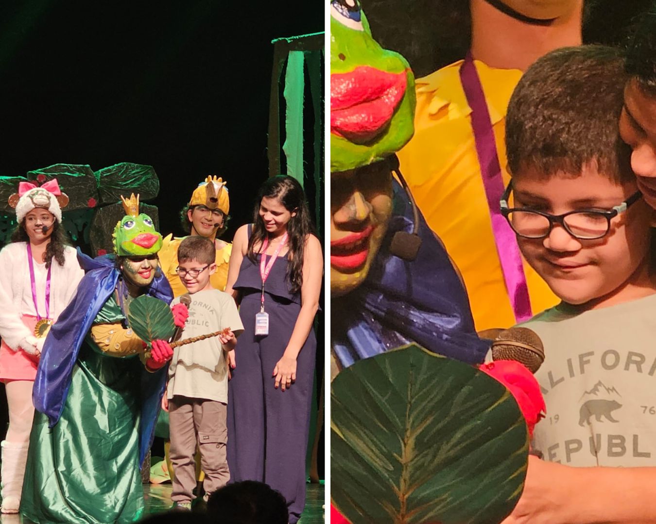 Criança atípica no palco lendo uma carta, ao lado de sua mãe e de um ator.