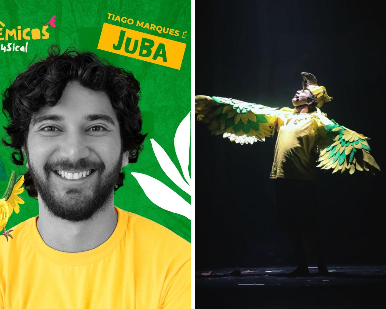 Tiago Marques como Juba, um pássaro amarelo, em Endêmicos.
